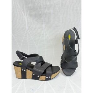 Volatile Tory Black Faux Leather Studded Cork Wedge Platform Sandals Size 8